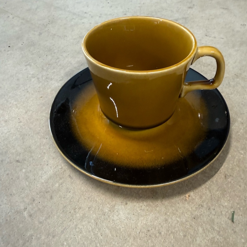 Montego Vintage Brown and Black Ceramic Cup and Saucer from the 1970s.